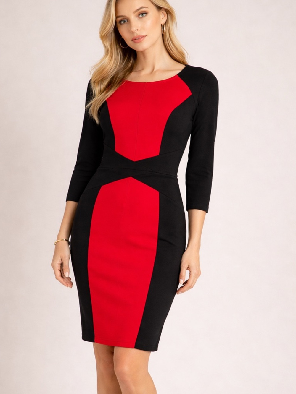 Black and Red Colorblock Midi Dress